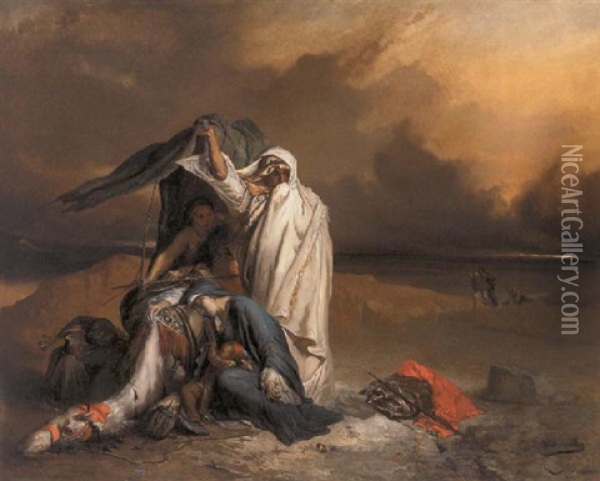 A Desert Convoy Surprised By The Simoun Oil Painting - Jean-Francois Portaels