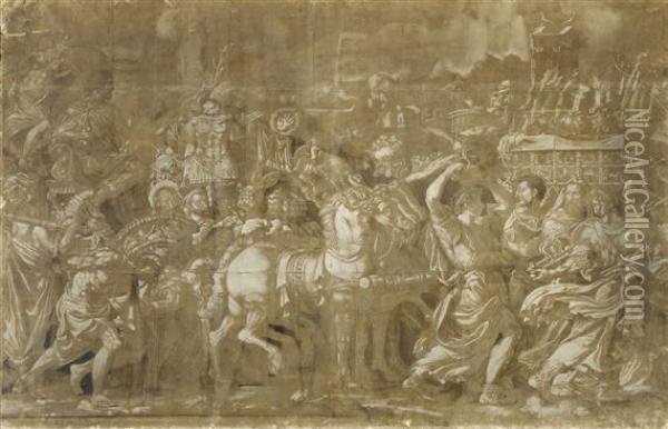 Roman Triumphal Procession With Quadriga, Prisoners And Booty Oil Painting - Rancesco De' Rossi (see Salviati, Cecchino Del)