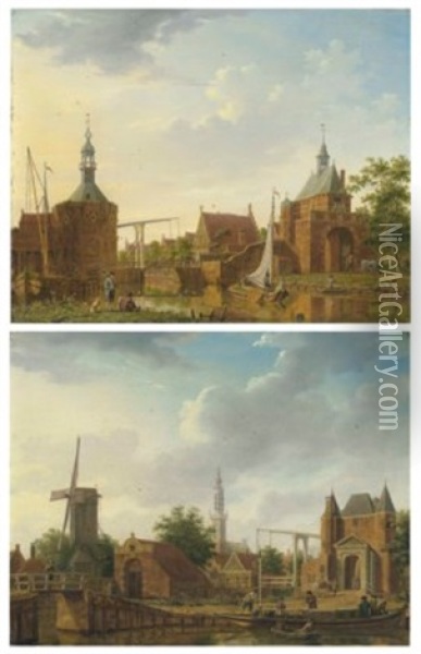 The Keetpoort En Oost And Kaaipoort, Edam; And Purmer And Monnikendammerpoort, Edam With The Kwakelbrug With The Spire Of The Onze-lieve-vrouwe-kerk Beyond Oil Painting - Isaac Ouwater