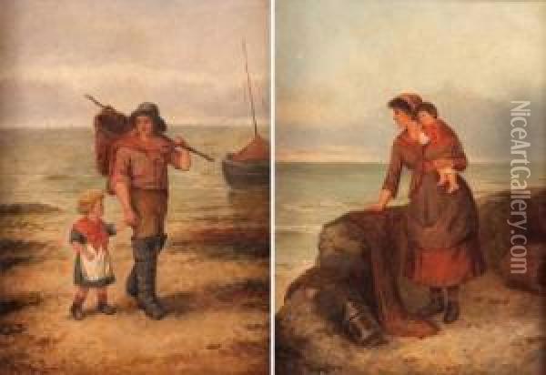 Fisherfolk With Children Oil Painting - Hamilton Macallum
