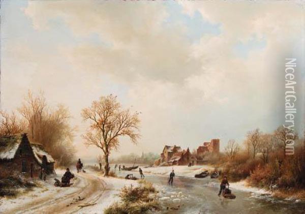 Winterlandschap: A Winter 
Landscape With Skaters On A Frozenwaterway And Peasants By A Farm In The
 Foreground Oil Painting - Barend Cornelis Koekkoek