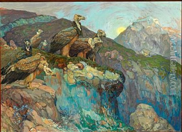 Mountainous Landscape At Sunset With Vultures Looking For A Prey Oil Painting - Konstantin Semionovich Vysotsky
