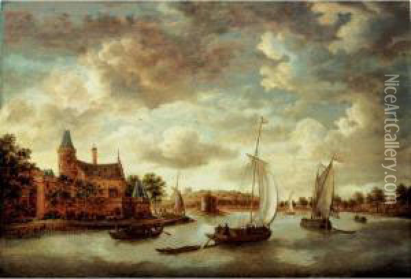 A River Landscape With Barges Passing A Chateau Oil Painting - Jan Abrahamsz. Beerstraaten