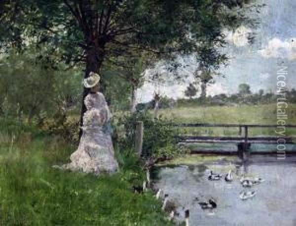 Woman Beside A Duck Pond Oil Painting - Hector Caffieri