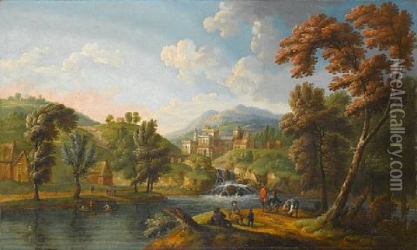 A River Landscape With Figures Resting Beside A Waterfall Oil Painting - Mathys Balen