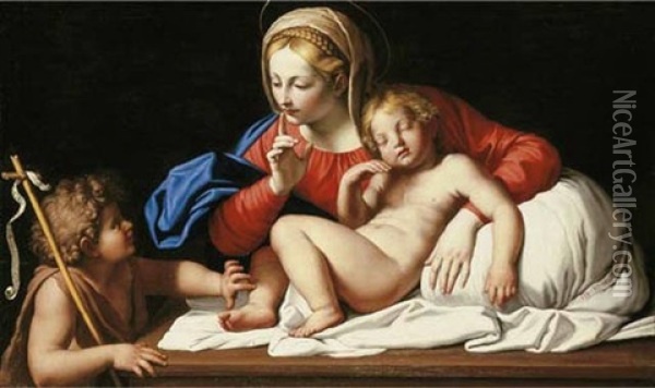 The Madonna Requesting Silence From The Infant Saint John The Baptist As The Child Sleeps Oil Painting - Giovanni Battista Salvi (Il Sassoferrato)