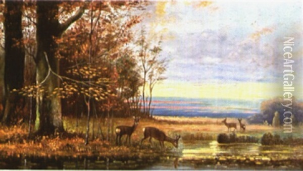 Deer At Disk Oil Painting - Louis Remy Mignot
