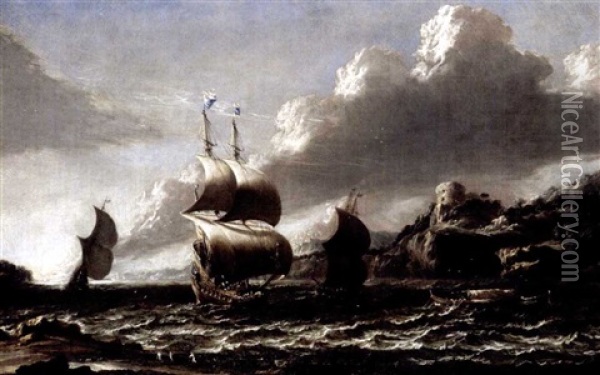 Coastal Landscape With Shipping In A Bay Oil Painting - Alessandro Magnasco