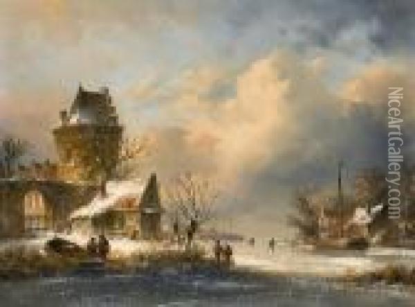 Winter Scene With Figures On A Frozen River Beside A Castle Oil Painting - Charles Henri Leickert