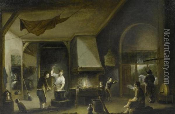 Interior Of A Blacksmith's Shop. Oil Painting - Aert van der Neer