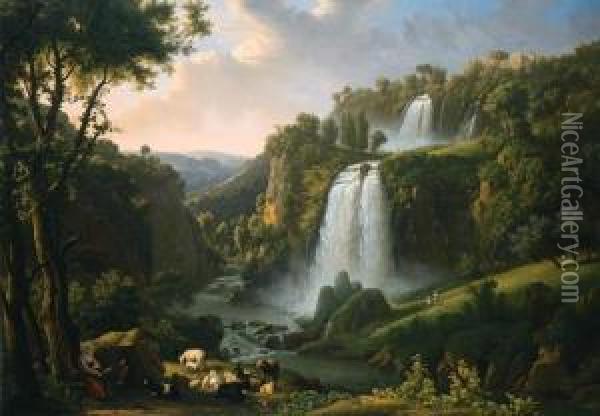 The Cascades At Tivoli With The Temple Of Sibyl And A Shepherdessin The Foreground Oil Painting - Alexandre-Hyacinthe Dunouy