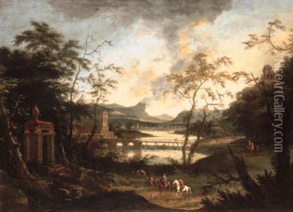 An Extensive River Landscape With A Hunting Party On A Track Oil Painting - Dirck Maas