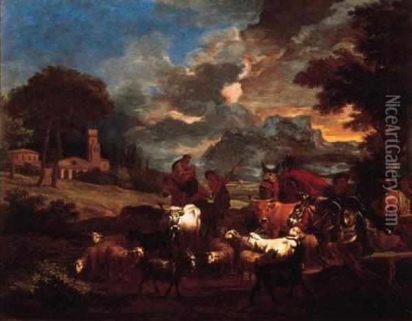 Shepherds, Cowherds And Muleteers With Cattle And Flock In Anitalianate Landscape Oil Painting - Pieter van Bloemen