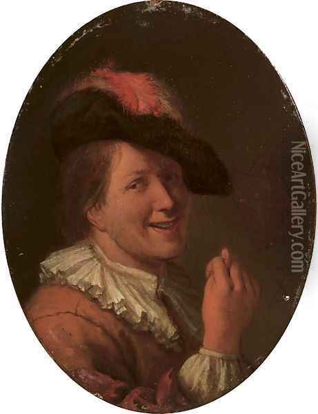 A man in a plumed hat making an obscene gesture Oil Painting - Arie de Vois