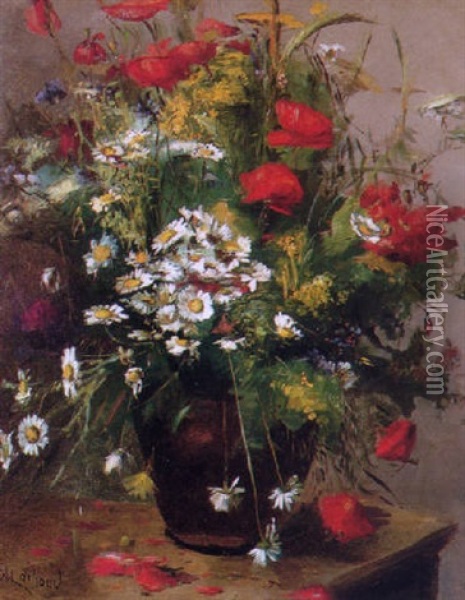 Still Life With Poppies And Marguerites In A Vase Oil Painting - Alfred-Benoit Caillaud