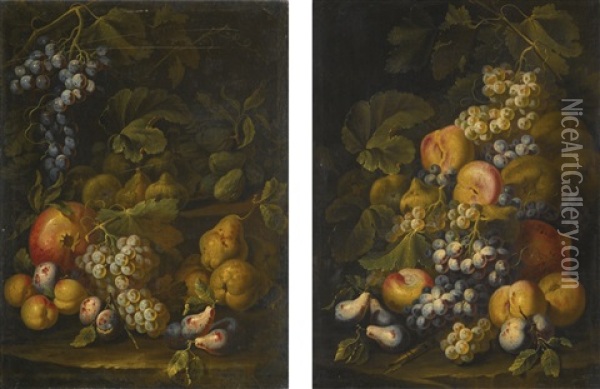 Still Lifes Of Grapes, Pears And Peaches On A Forest Floor Oil Painting - Carlo Manieri