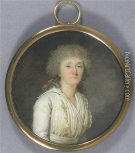 Portrait De Mme Baguenaut En Robe De Soie Blanche Plissee Et Vue Dans Un Paysage Oil Painting - Jacques Antoine Marie Lemoine