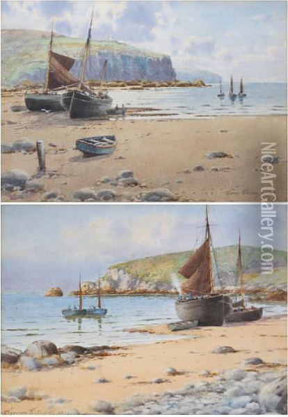 Shore Scene With Beached Fishing Boats Oil Painting - Warren Williams
