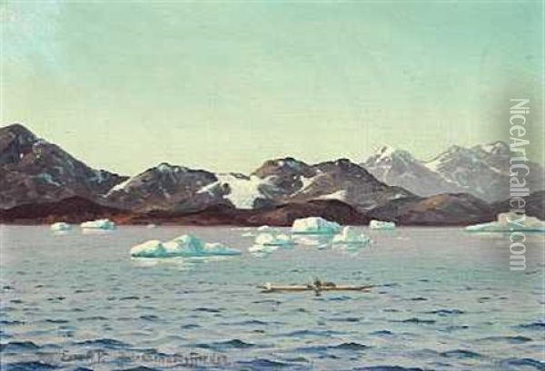 Gronlaender I Kajak Pa Julianehabsfjorden Oil Painting - Emanuel A. Petersen
