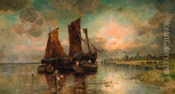 Segelschiff In Abendstimmung Oil Painting - Karl Heffner