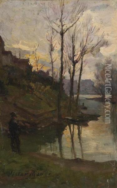Spring Landscape At Dusk With Figure Oil Painting - Victor Marec