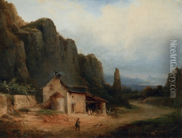 Wanderer With Dogs In A Mountainous Landscape Oil Painting - Nicolas-Victor Fonville