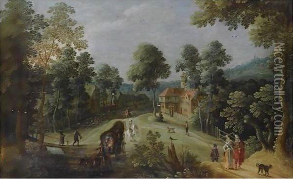 A Wooded Hilly Landscape With Elegant Travellers And A Horse-Drawn Wagon On A Path, Near A Village Oil Painting - Sebastien Vrancx
