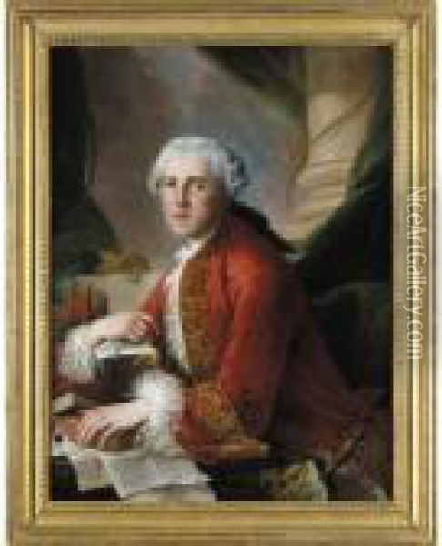 Portrait Of A Gentleman, Half-length, Seated, Wearing A Red Coat And Holding A Book Oil Painting - Louis Gabriel Blanchet
