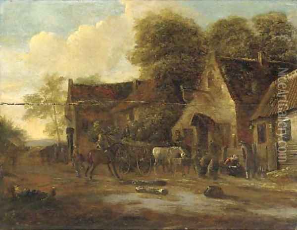 A village landscape with travellers and a wagon by an inn Oil Painting - Barent Gael