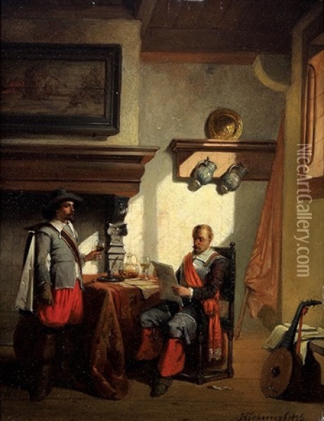 Dutch Figures In An Interior Oil Painting - Hendricus Johannes Scheeres