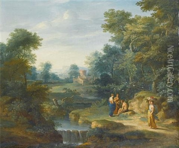 An Arcadian Landscape With Figures Resting Beside A Waterfall Oil Painting - Jacob Andries Beschey