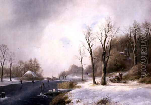 Faggot Gatherers and Skaters in a Winter Landscape, 1835 Oil Painting - Jan Jacob Spohler
