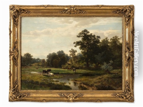 Cows By The Pond Oil Painting - Otto Froelicher