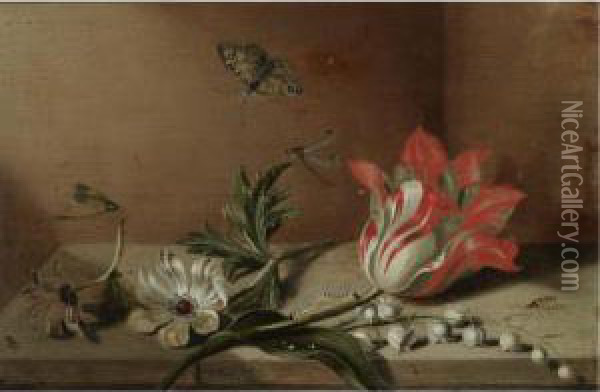 A Still Life With A Tulip, 
Anemones, Lily-of-the-valley, Acaterpillar, A Butterfly And Other 
Insects On A Wooden Ledge Oil Painting - Jacob Marrel