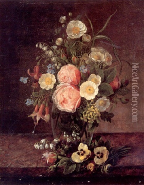 Opstilling Med Blomster Pa En Stenkarm Oil Painting - Christine Marie Lovmand