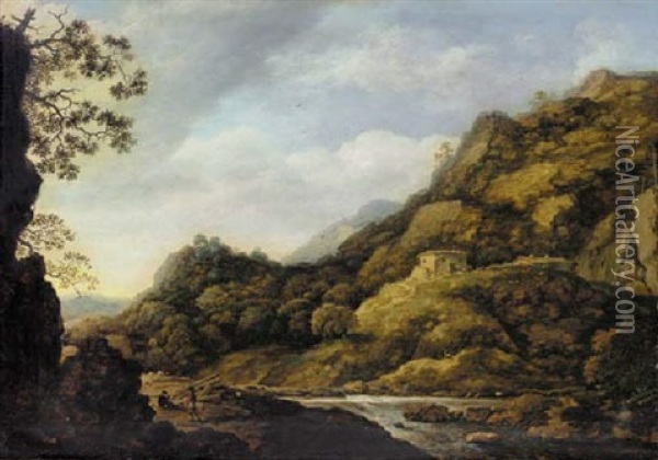 A Scandinavian Landscape With Peasants Gathering Wood By A River Oil Painting - Allaert van Everdingen