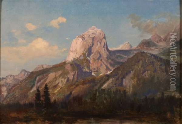 Alpine Landscape With Lake Oil Painting - Konrad Ludwig Lessing