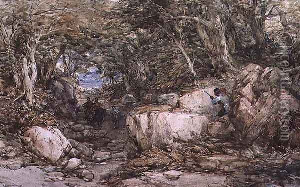 Forest Glen with Travellers Approaching an Ambuscade Oil Painting - George Cattermole