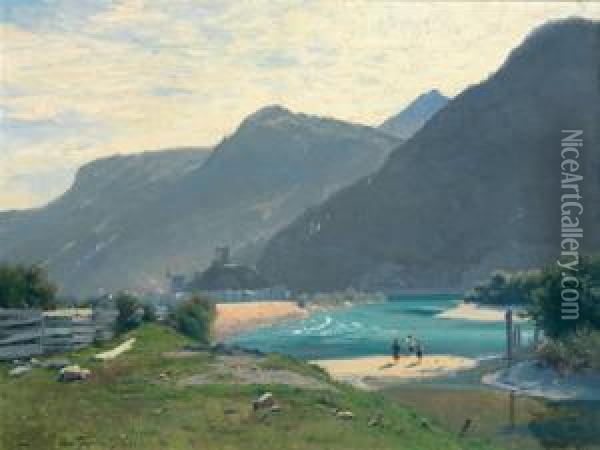 Kinder Am Ufer Des Inn Bei Rattenberg In Tirol Oil Painting - Heinrich Gogarten