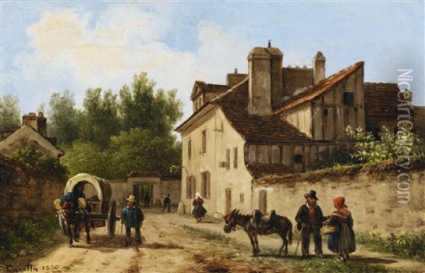 Village Street In The Suburbs Of Paris Oil Painting - Giuseppe Canella I