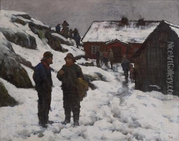 Fishermen In Winterlandscape Oil Painting - Fredrik Kolsto