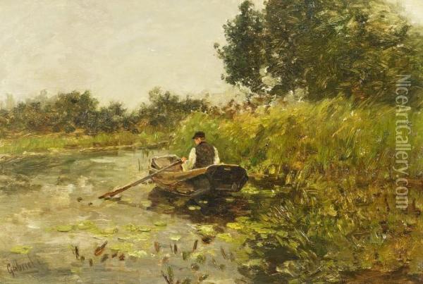 Fisherman In A Pond Landscape Oil Painting - Paul Joseph Constantine Gabriel