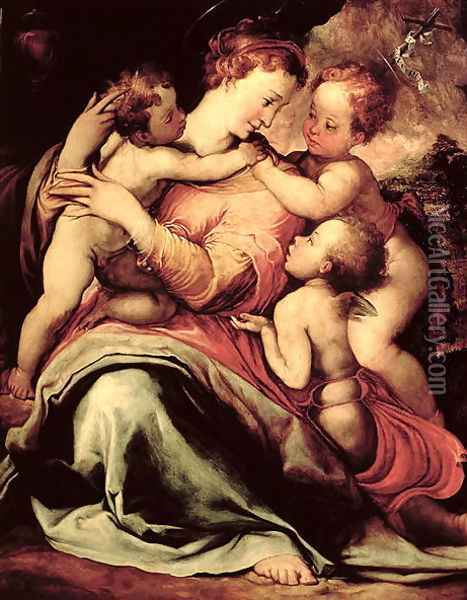 Madonna and Child with an Angel and the Infant St. John the Baptist Oil Painting - Francesco de' Rossi