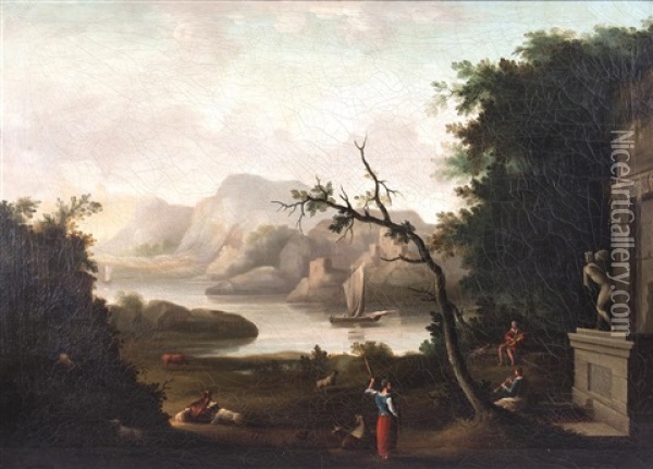 A Southern River Landscape With Figures And Animals Oil Painting - Jeremiah Hodges Mulcahy