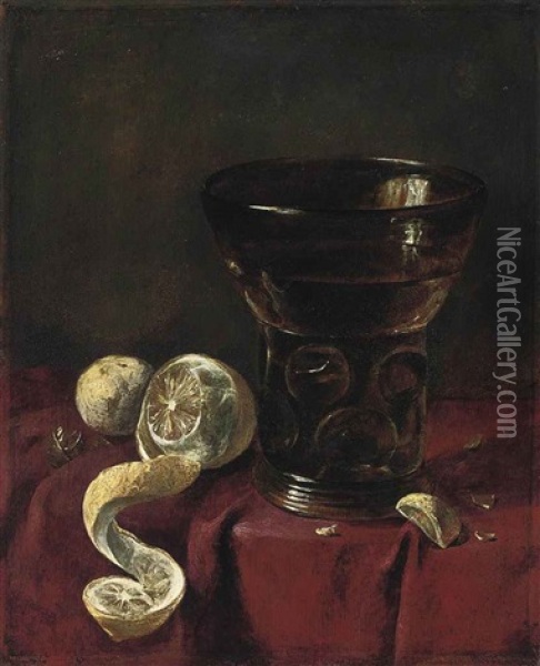 A Roemer, A Partly-peeled Lemon And A Walnut On A Draped Table Oil Painting - Jan van de Velde III
