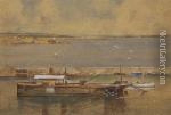 Boats In A Harbour. Oil Painting - John Gutteridge Sykes