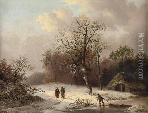 A Wooded Winter Landscape Oil Painting - Hendrik Daniel Eckelboom