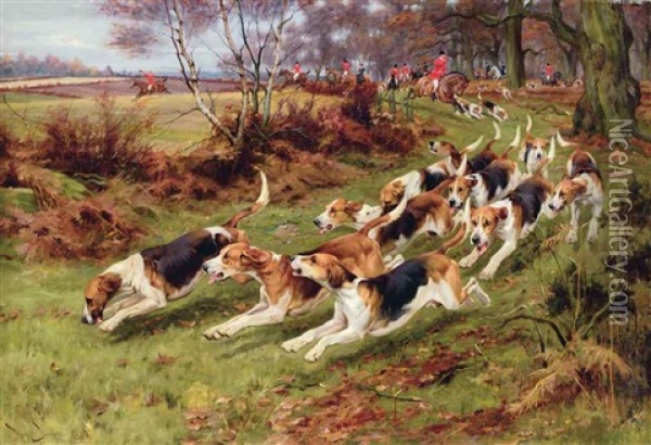 Gone Away, The Rufford Hounds Breaking Cover In Sherwood Forest Oil Painting - Wright Barker