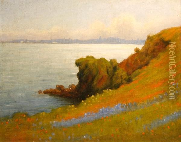 Marin Wildflowers With San Francisco In Thedistance Oil Painting - William Barr