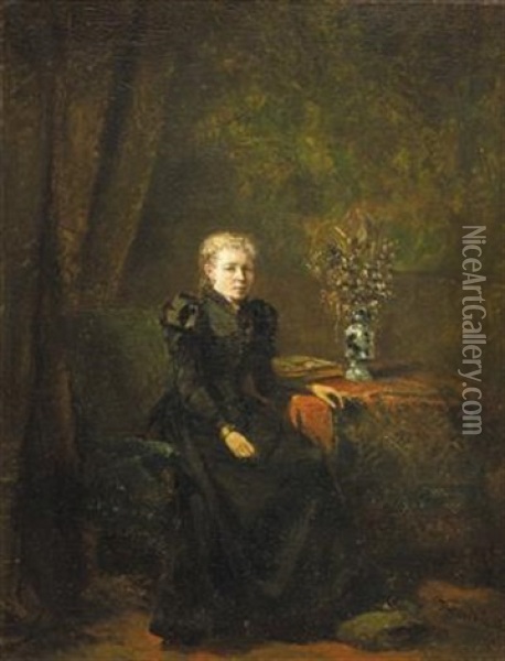 Dame Im Armsessel Beim Tisch Sitzend Oil Painting - Johannes Antoine Balthasar Stroebel